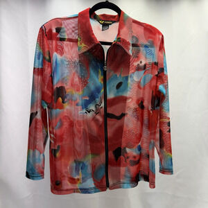 Valentina Mesh Zip Jacket XL Abstract Watercolor Rhinestone Stretch Lightweight
